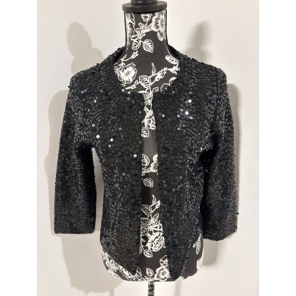WHBM White House Black Open Front No Button Sequin 3/4 Sleeve Cardigan Sweater M - Picture 1 of 5